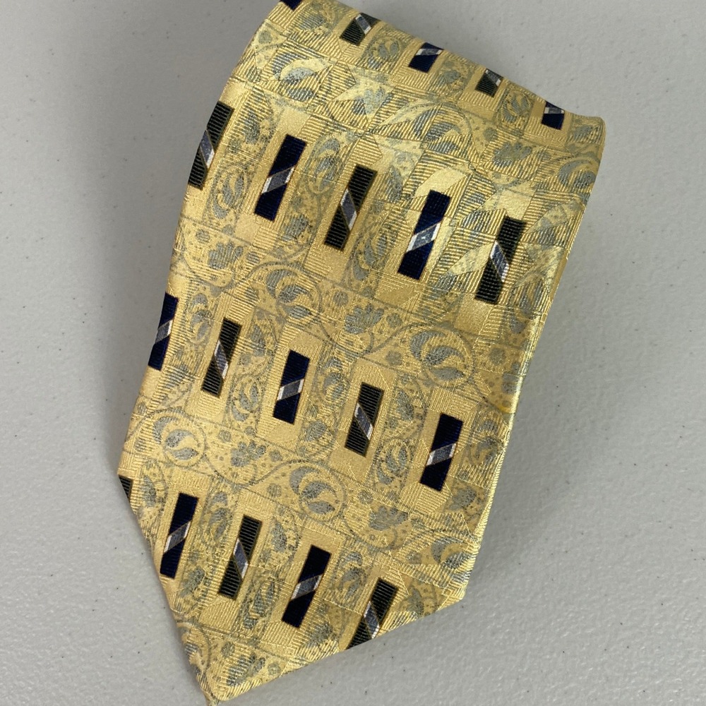 VTG Graham & Lockwood Silk Paisley Geometric Tie Mens OS Gold Navy Wide Blade